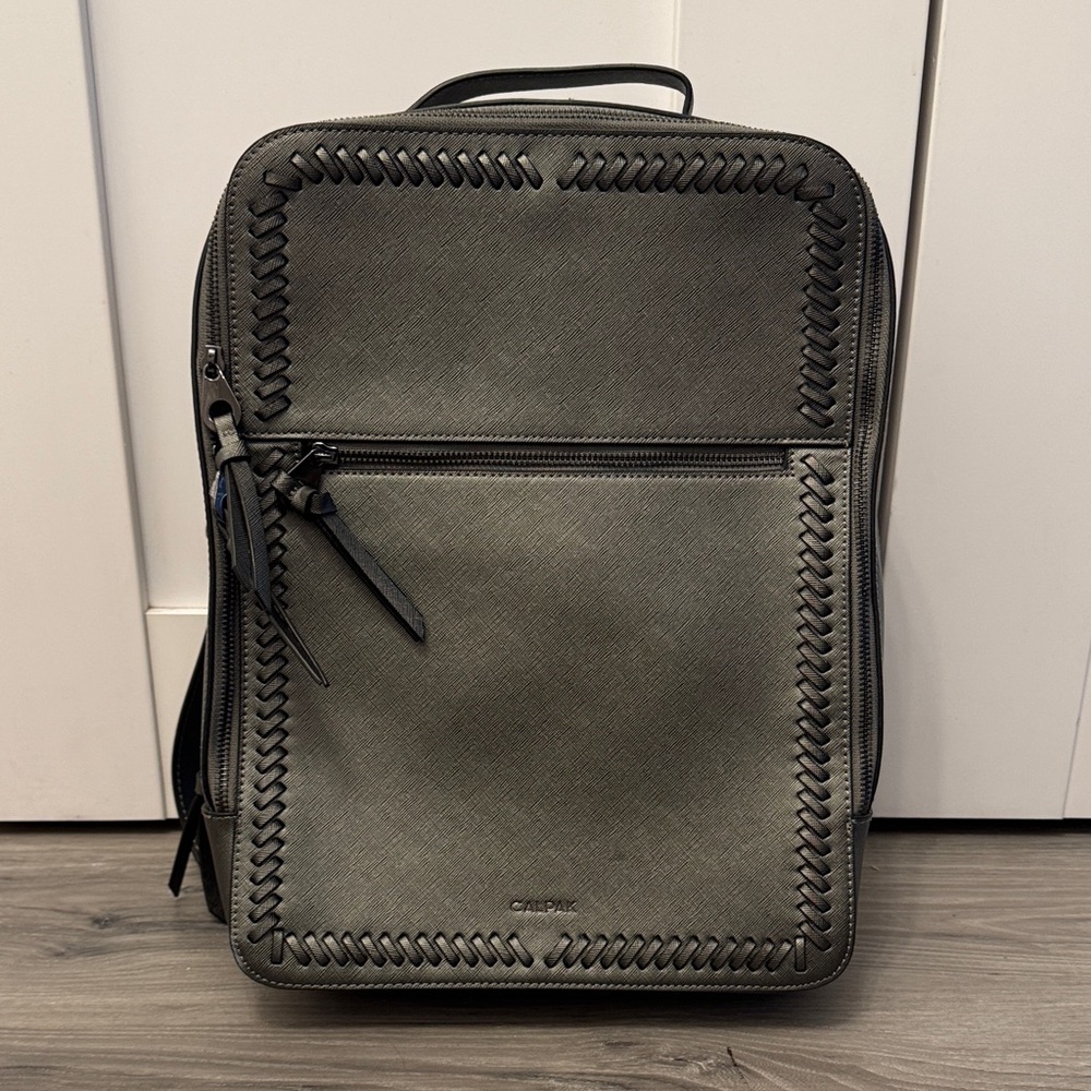 Calpak Chrome Gray Leather Backpack with Stitch Trim